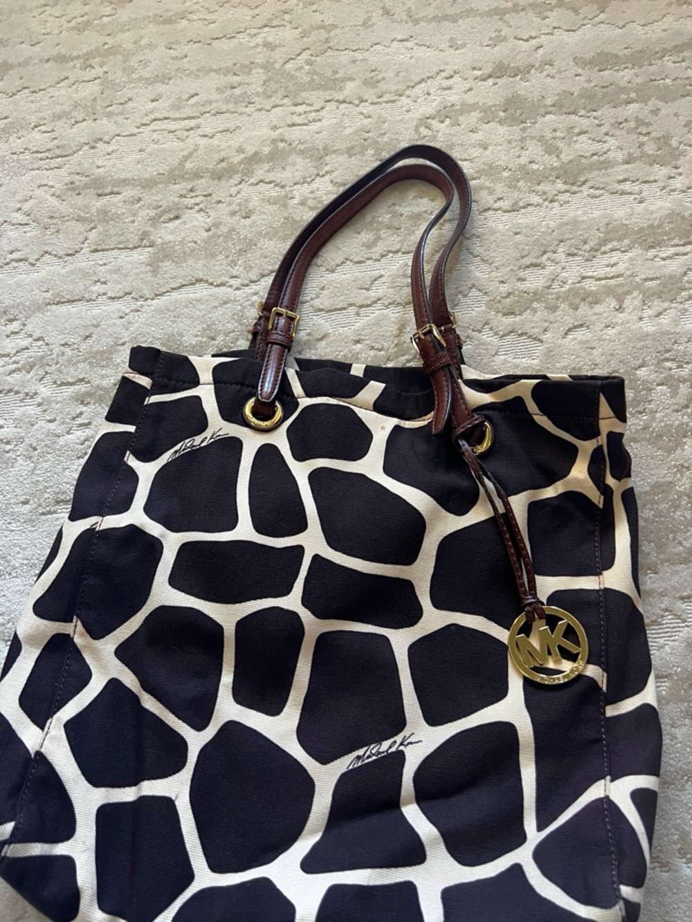 Michael Kors Black & Cream Giraffe-Print Tote with Brown Leather Straps